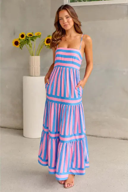 Striped Summer Maxi Dress with Pockets – Backless Beach Style